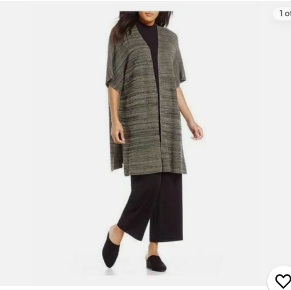 Eileen Fisher Tencel Kimono Cardiagan Size S/M Tan&black Short Sleeve Knit - Picture 9 of 9